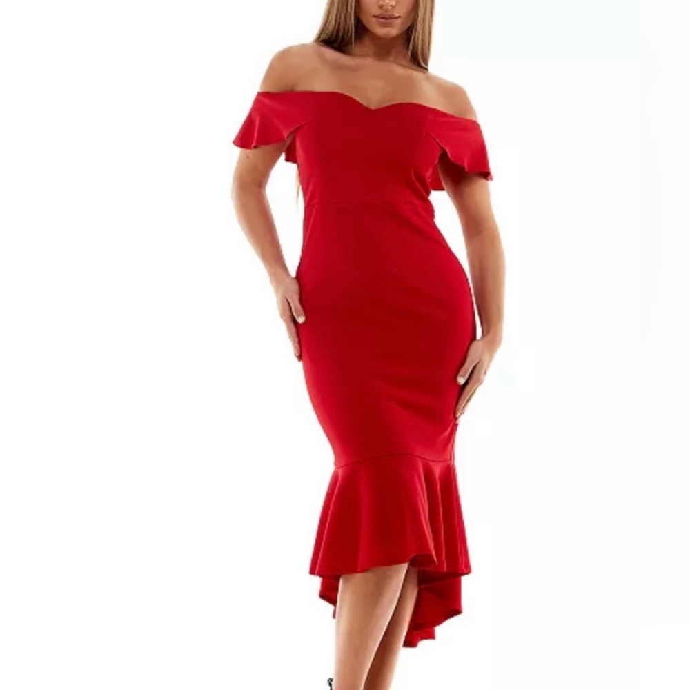 Emerald sundae red dress Off-The-Shoulder-Red dress